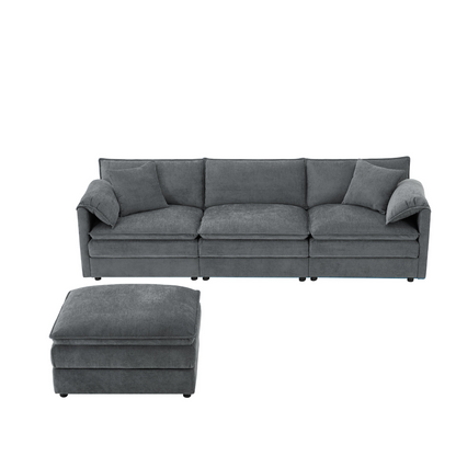 Cream and dark gray chenille sectional sofa with ottoman and modular layout, ideal for living rooms and lounge spaces.