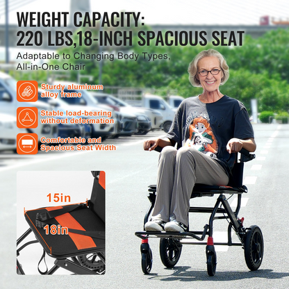 Start2Finish VEVOR lightweight aluminum wheelchair with 18-inch seat, foldable design, flip-back arms, and self-locking brakes.