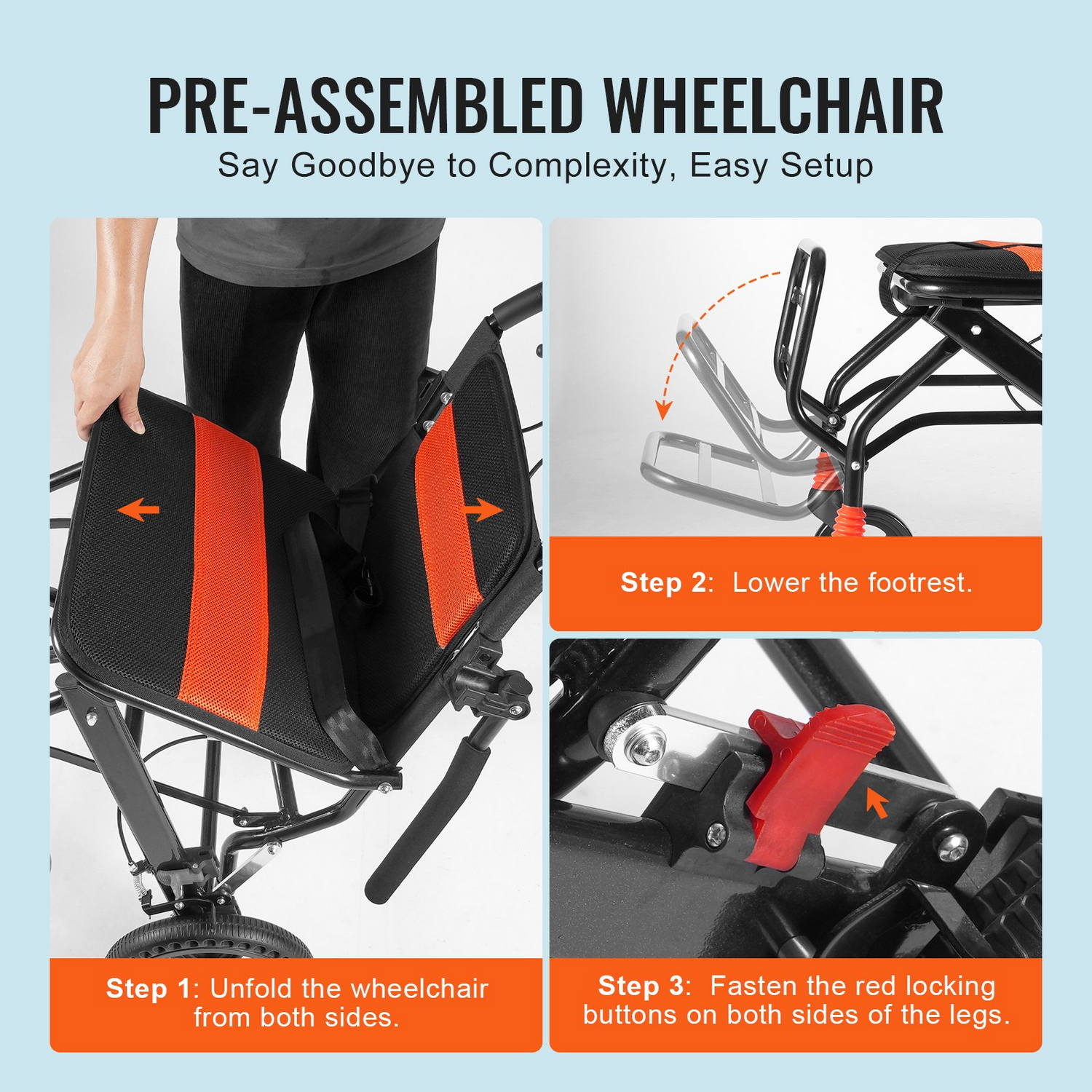 Start2Finish VEVOR lightweight aluminum wheelchair with flip-back arms, 18-inch seat, self-locking brakes, and foldable design.