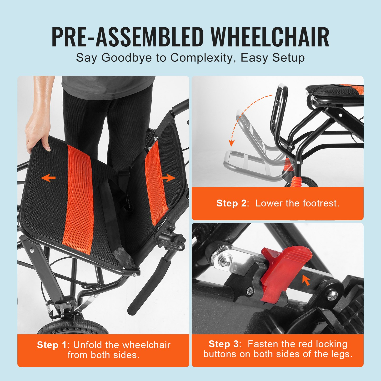 Start2Finish VEVOR lightweight aluminum wheelchair with flip-back arms, 18-inch seat, self-locking brakes, and foldable design.