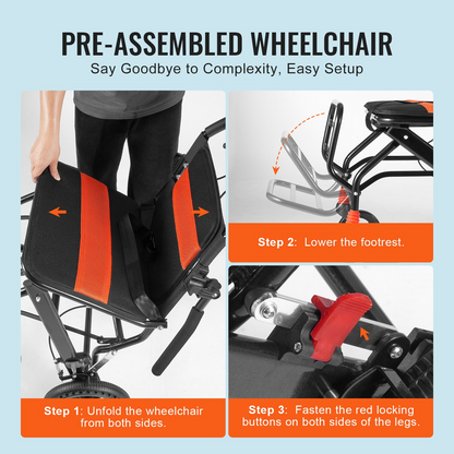 Start2Finish VEVOR lightweight aluminum wheelchair with flip-back arms, 18-inch seat, self-locking brakes, and foldable design.