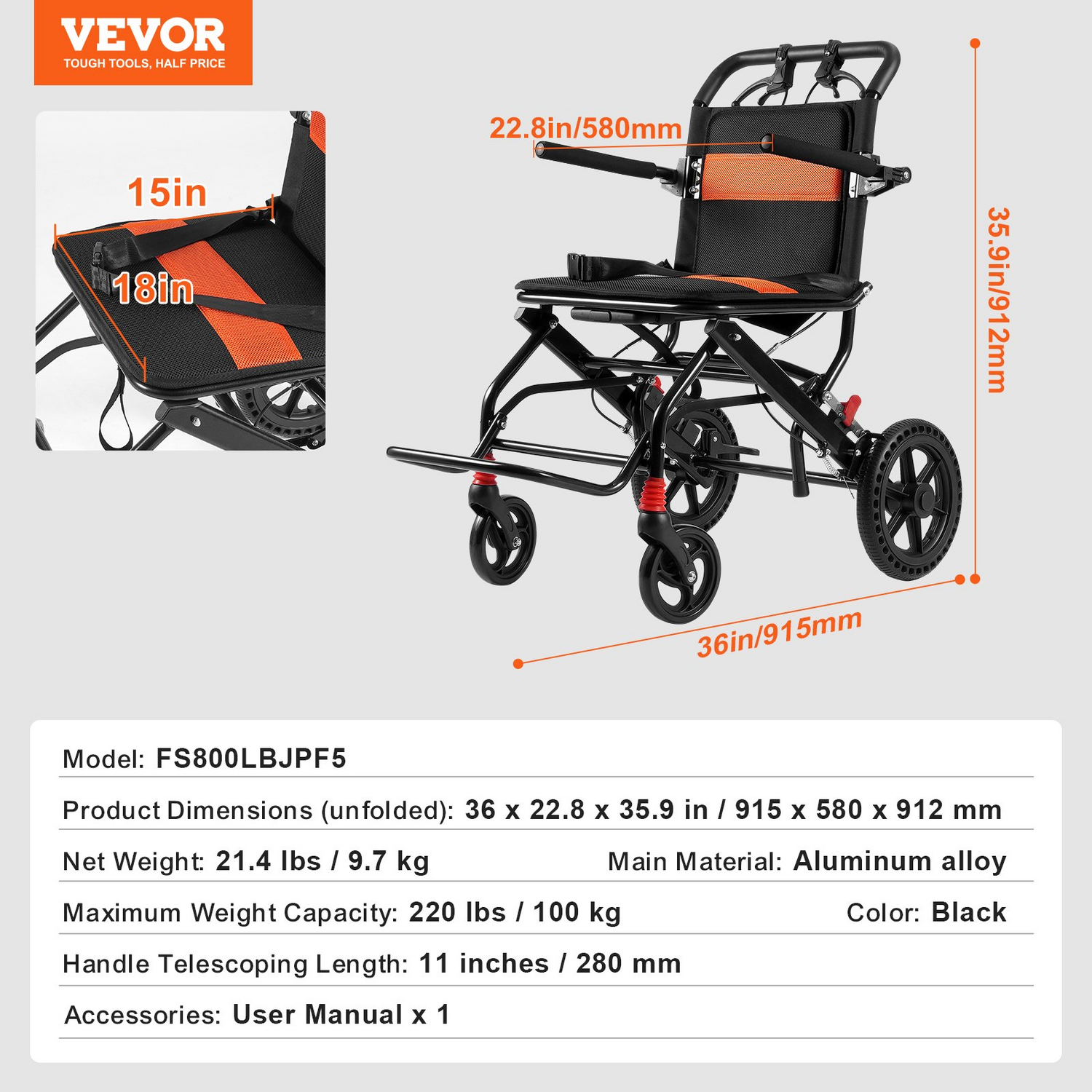 Start2Finish VEVOR lightweight aluminum wheelchair with foldable design, 18-inch seat, flip-back arms, and self-locking brakes.