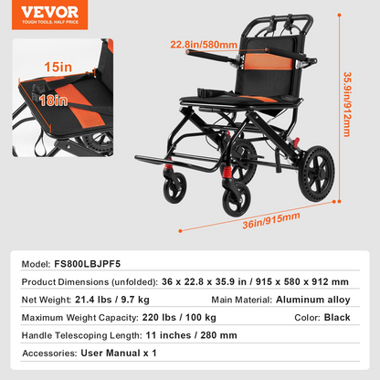 Start2Finish VEVOR lightweight aluminum wheelchair with foldable design, 18-inch seat, flip-back arms, and self-locking brakes.