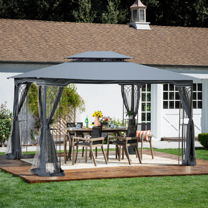 Gray metal outdoor gazebo canopy with roof and storage, ideal for patio and outdoor living spaces.