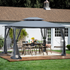 Gray metal outdoor gazebo canopy with roof and storage, ideal for patio and outdoor living spaces.