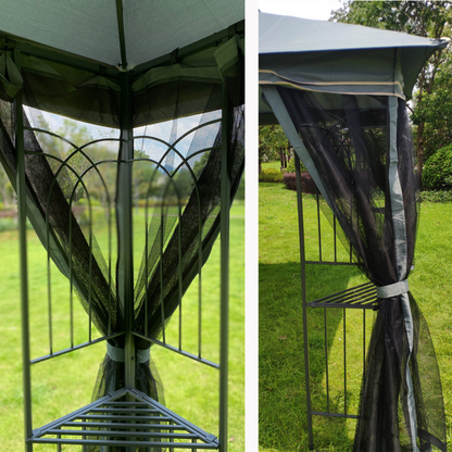 Gray metal outdoor gazebo canopy with roof and storage, ideal for patio and outdoor living spaces by Start2Finish.