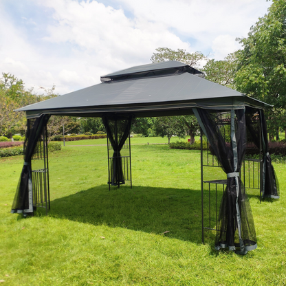 Gray metal outdoor gazebo canopy with roof and storage, suitable for patio and outdoor living spaces by Start2Finish
