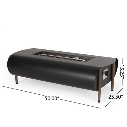 Dark gray iron fire pit table with tank holder for outdoor patio and living areas, ideal for cozy outdoor gatherings.