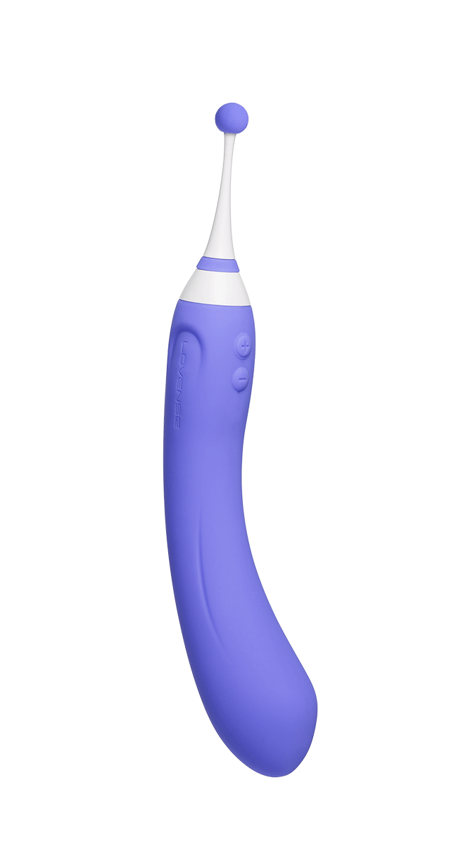 Start2Finish Lovense Hyphy dual-end stimulator with curved G-spot and clitoral attachments, designed for versatile intimate pleasure.