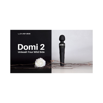 Lovense Domi 2 vibrating massage wand from Start2Finish, showing its sleek design and control buttons on a white background.