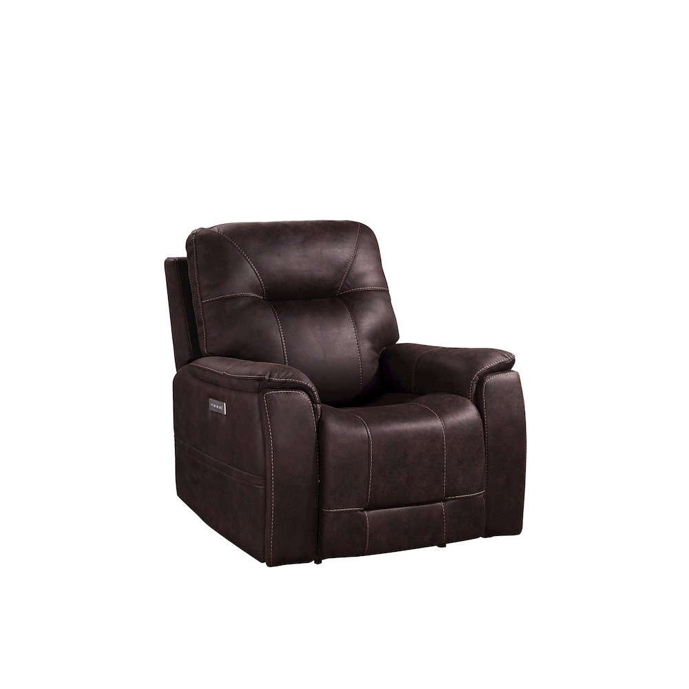 Start2Finish Lexington Power Media Recliner in dark gray fabric with padded armrests and built-in media controls.