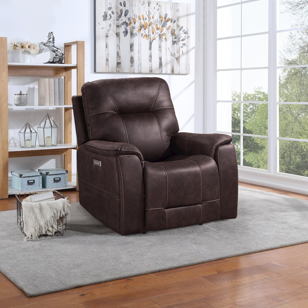 Start2Finish Lexington Power Media Recliner with plush cushioning, dark brown upholstery, and built-in recline and USB charging features.