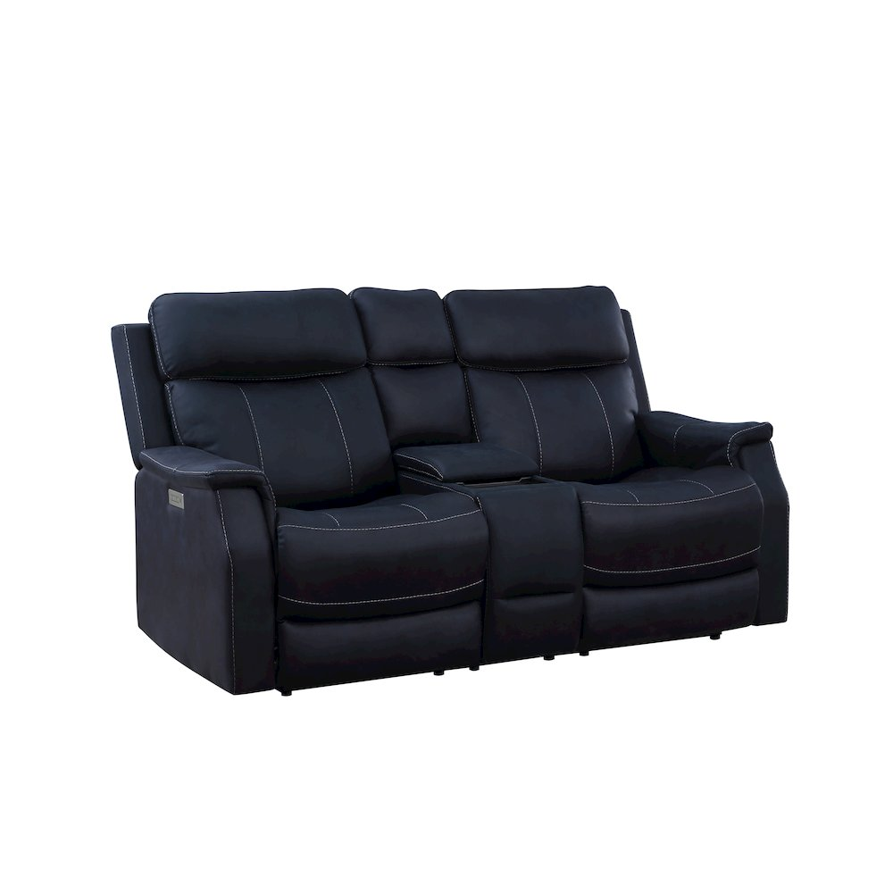Start2Finish Valencia dual power reclining console loveseat in ocean fabric with built-in cup holders and plush cushions.