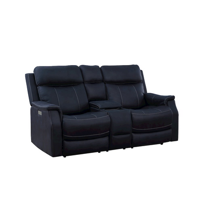 Start2Finish Valencia dual power reclining console loveseat in ocean fabric with built-in cup holders and plush cushions.