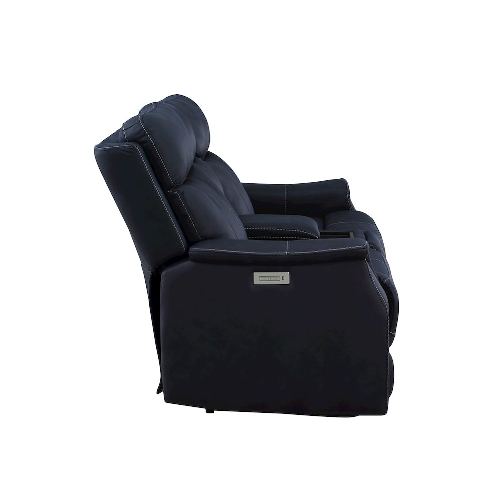 Start2Finish Valencia Dual Power Reclining Console Loveseat in Ocean, featuring plush upholstery and built-in console for comfort and convenience.