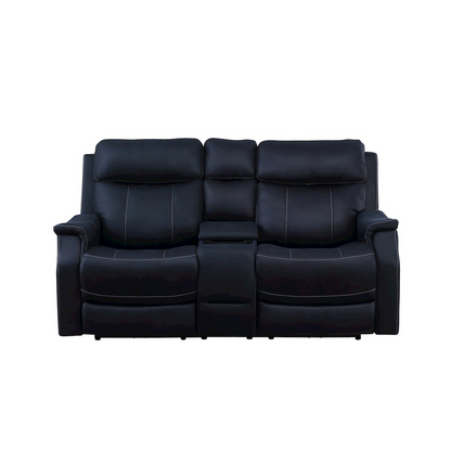 Start2Finish Valencia dual power reclining console loveseat in ocean fabric, showing plush cushions and integrated armrest console.