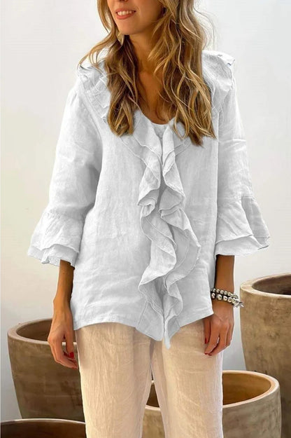 Autumn Women's Clothing Solid Color V Neck Ruffle Trim Button Front Loose Fit Long Sleeve Top For Woman Polyester Casual Blouse