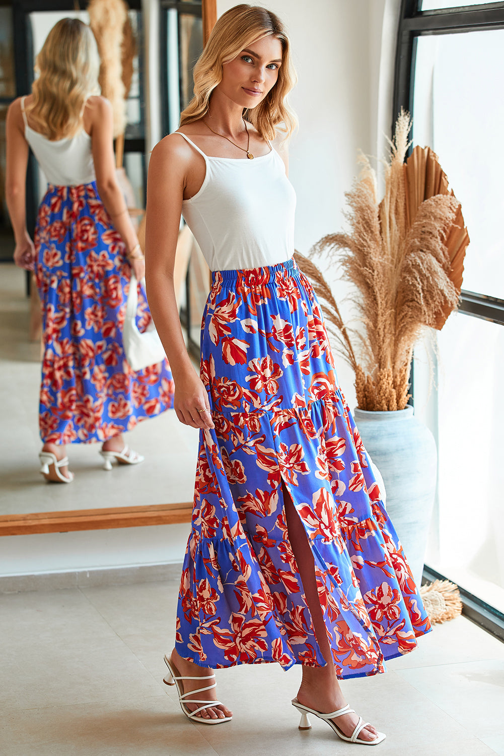 Bohemian Floral Tiered Maxi Skirt with Split