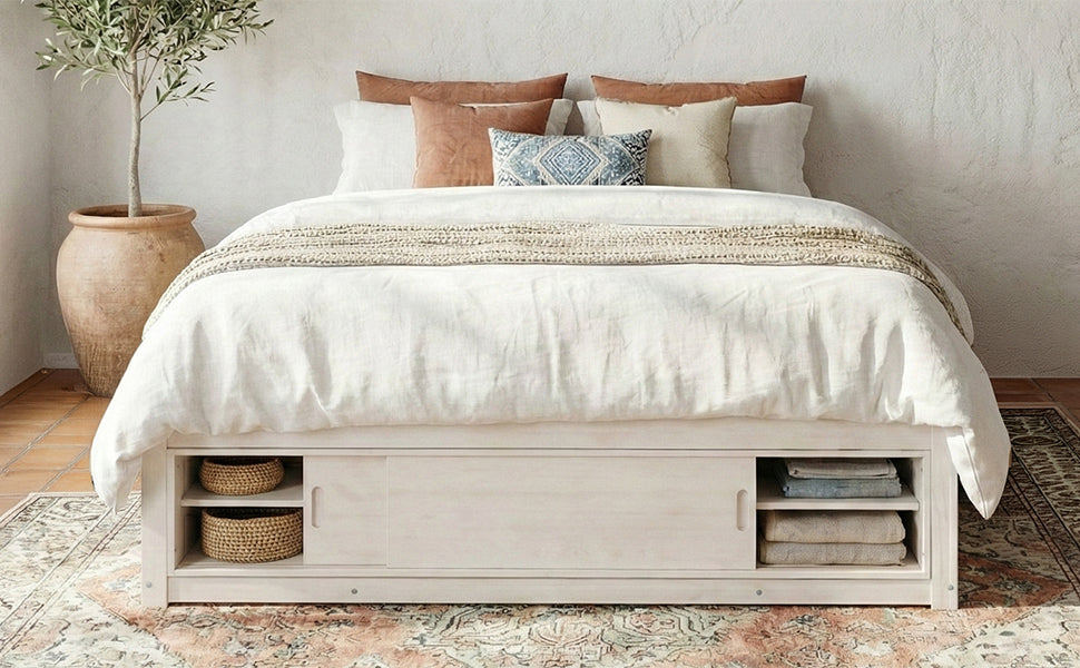 Start2Finish platform bed frame with solid wood and MDF, featuring four storage drawers, footboard cubby, and padded headboard.