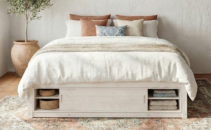 Start2Finish platform bed frame with solid wood and MDF, featuring four storage drawers, footboard cubby, and padded headboard.
