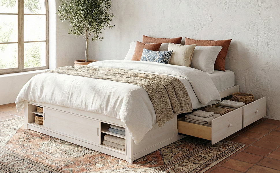 Solid wood platform bed frame with headboard, footboard storage cubby, and four drawers for bedroom or guest room.