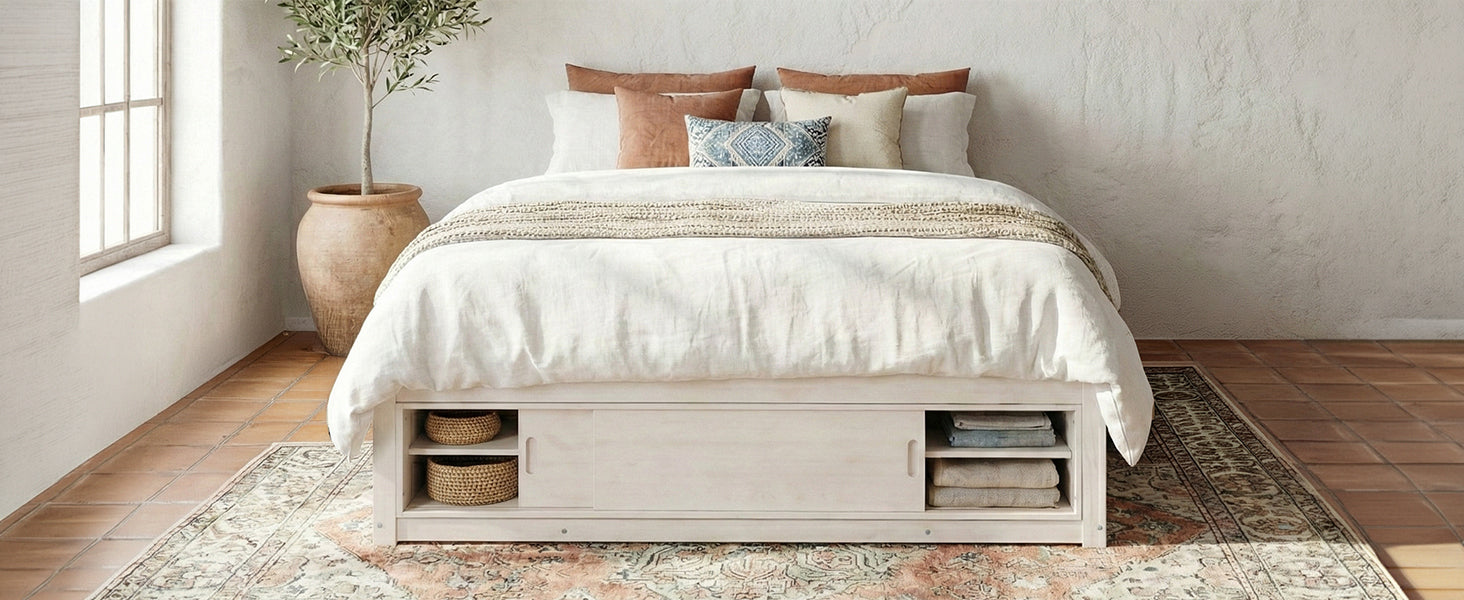 Start2Finish platform bed frame with solid wood and MDF, featuring four storage drawers, footboard cubby, and padded headboard.