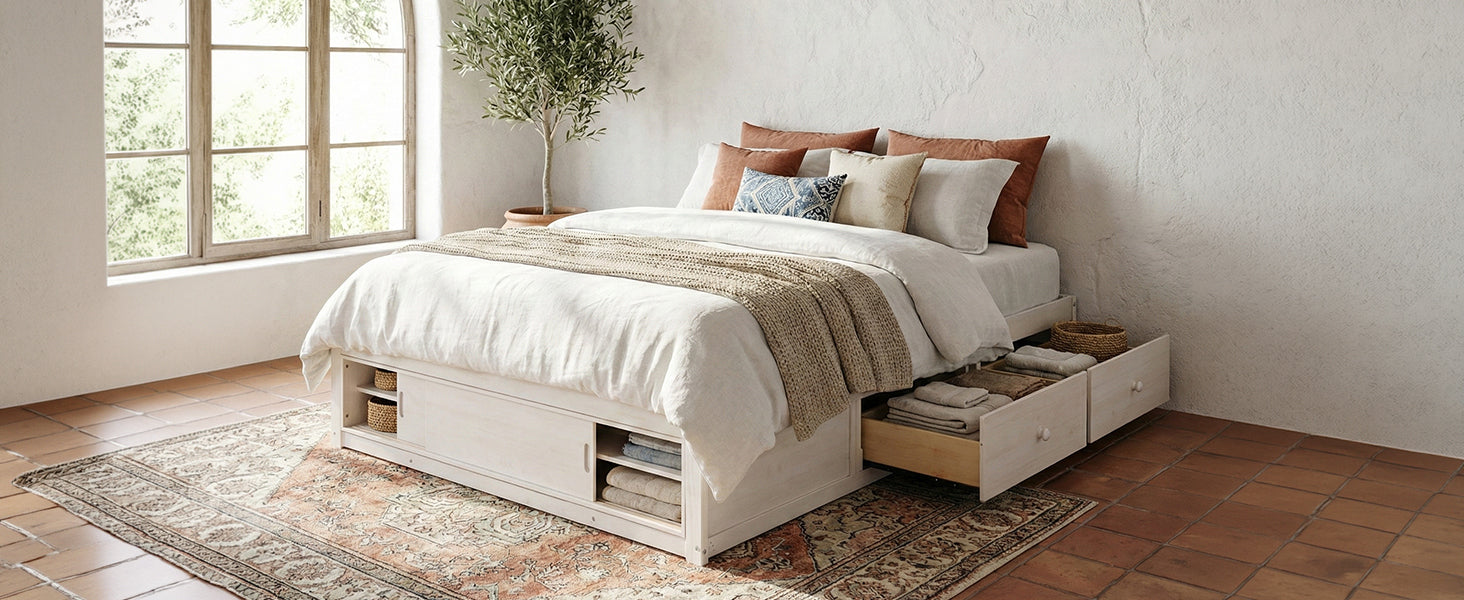 Start2Finish platform bed frame with solid wood and MDF, featuring four storage drawers, footboard cubby, and headboard for bedroom.