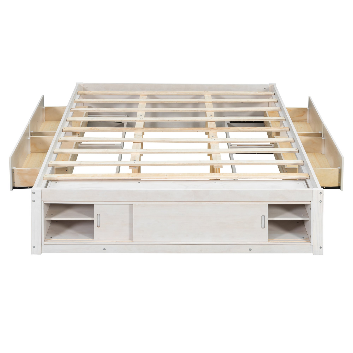 Start2Finish platform bed frame with solid wood and MDF, featuring four storage drawers, footboard cubby, and headboard for bedroom.