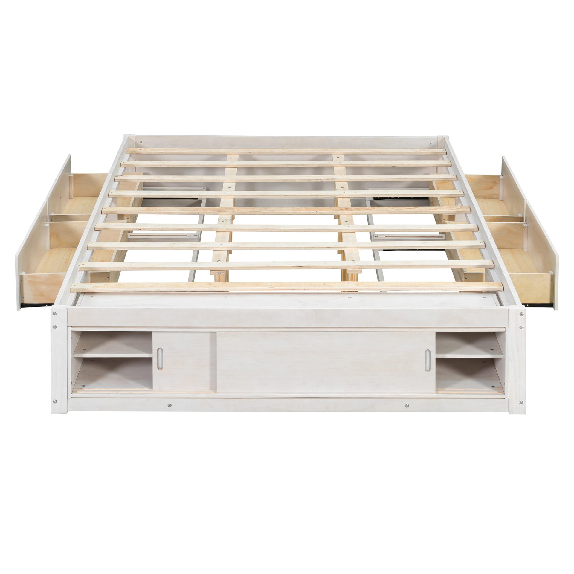 Start2Finish platform bed frame with solid wood and MDF, featuring four storage drawers, footboard cubby, and headboard for bedroom.