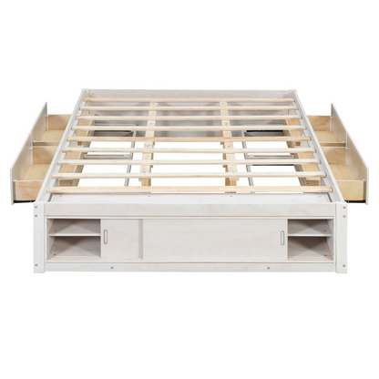 Start2Finish platform bed frame with solid wood and MDF, featuring four storage drawers, footboard cubby, and headboard for bedroom.