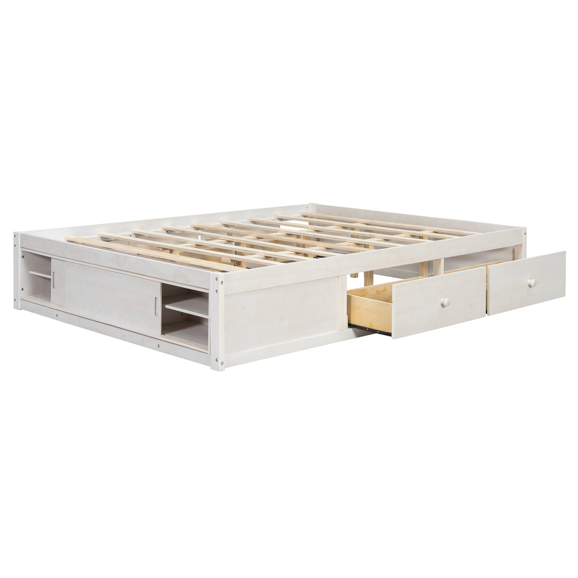 Start2Finish platform bed frame with solid wood and MDF, featuring four storage drawers, footboard cubby, and headboard for bedroom.