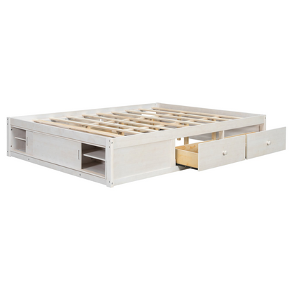 Start2Finish platform bed frame with solid wood and MDF, featuring four storage drawers, footboard cubby, and headboard for bedroom.