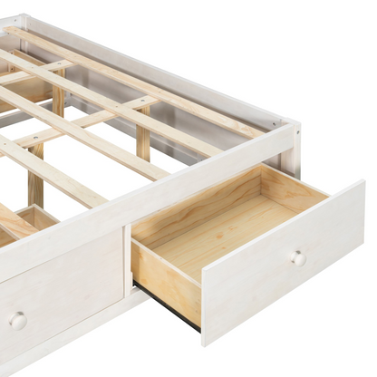 Start2Finish platform bed frame in solid wood and MDF with four storage drawers, cubby footboard, and headboard for bedroom.