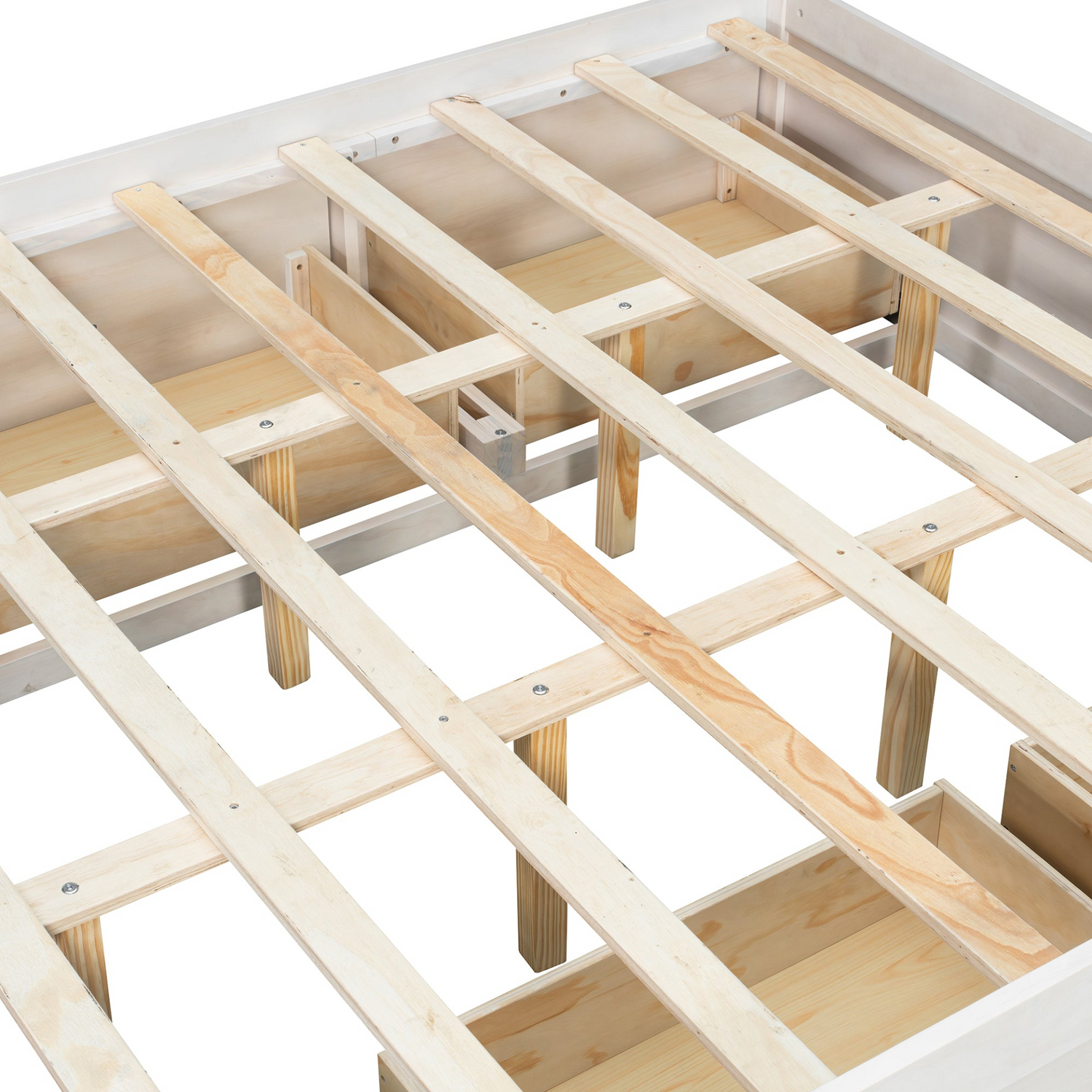 Start2Finish platform bed frame with solid wood and MDF, featuring four storage drawers, footboard cubby, and headboard for bedroom.