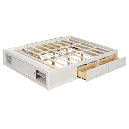 Start2Finish platform bed frame made of solid wood and MDF with four drawers, footboard cubby, and padded headboard for bedroom.