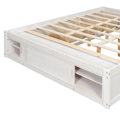 Solid wood platform bed frame with headboard, four storage drawers, and footboard cubby for bedroom or guest room use.