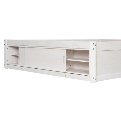 Start2Finish platform bed frame with solid wood and MDF, featuring four storage drawers, footboard cubby, and padded headboard.