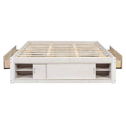 Start2Finish platform bed frame with solid wood and MDF, featuring four storage drawers, footboard cubby, and a padded headboard.