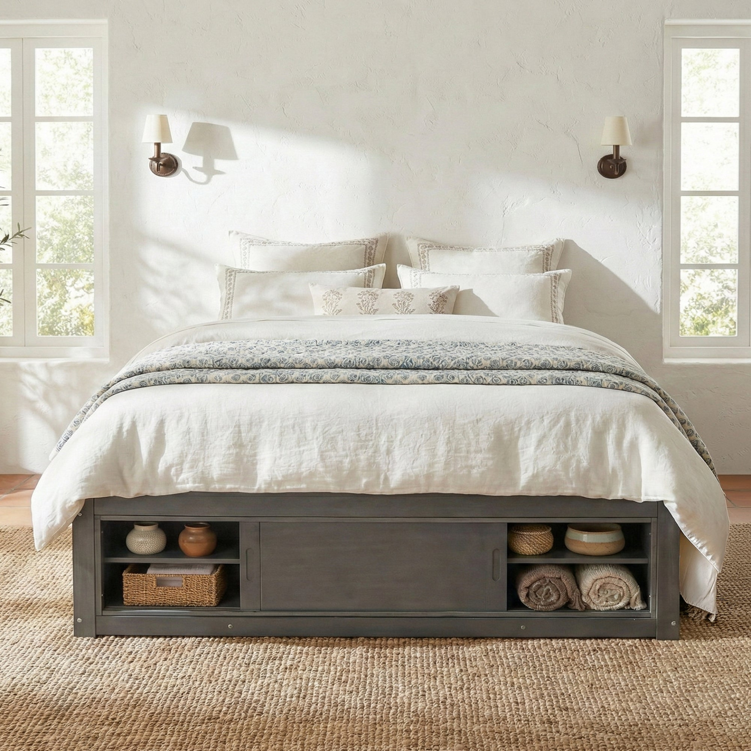 Solid wood platform bed frame with headboard, four storage drawers, and footboard cubby for bedroom or guest room use.