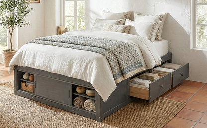 Start2Finish platform bed frame featuring solid wood and MDF, with four storage drawers, footboard cubby, and headboard.