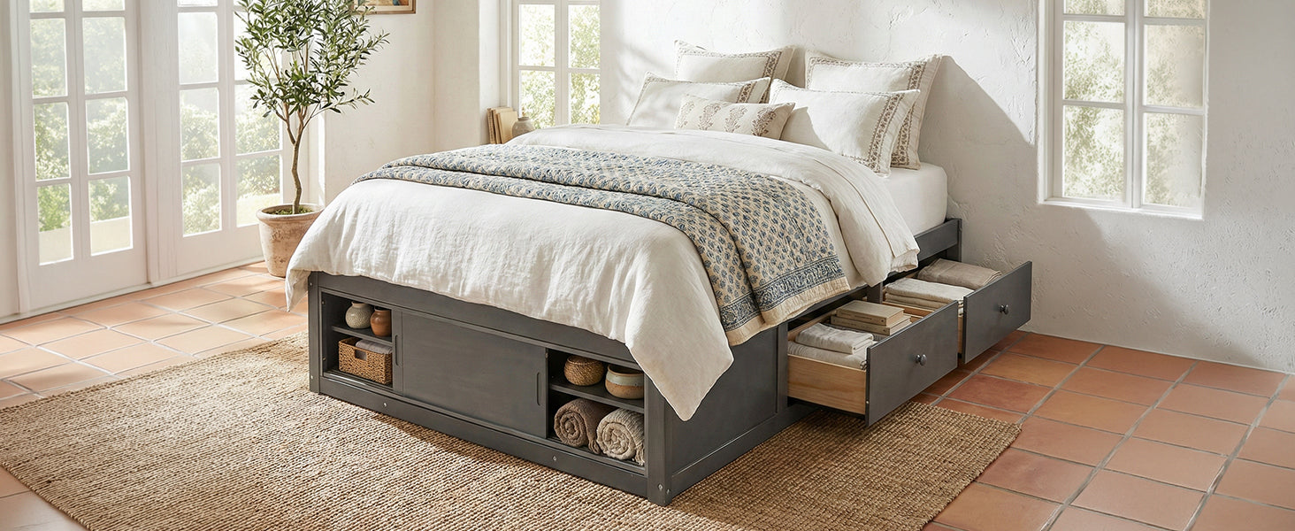 Start2Finish platform bed frame with solid wood and MDF, featuring four storage drawers, footboard cubby, and headboard.