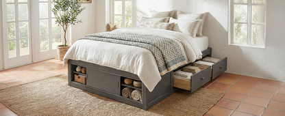 Start2Finish platform bed frame with solid wood and MDF, featuring four storage drawers, footboard cubby, and headboard.