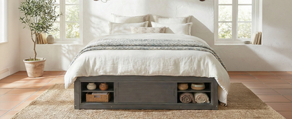Start2Finish platform bed frame with solid wood and MDF, featuring four storage drawers, footboard cubby, and headboard for bedroom.