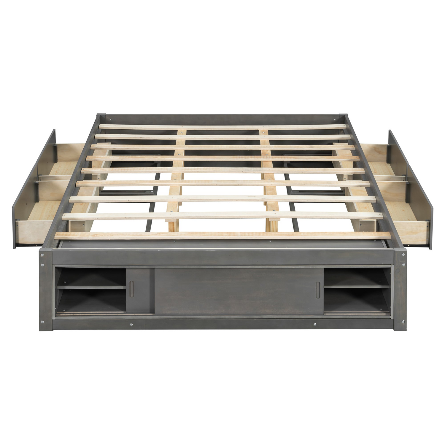 Solid wood platform bed frame with four storage drawers, footboard cubby, and headboard, ideal for bedroom or guest room.