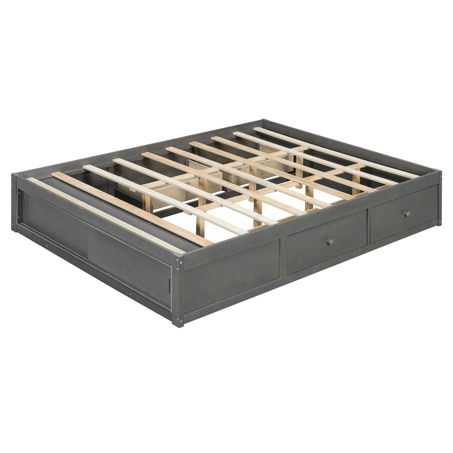 Start2Finish platform bed frame with solid wood and MDF, featuring four storage drawers, footboard cubby, and headboard for bedroom.