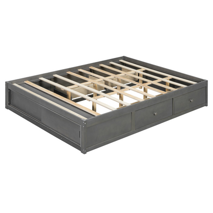 Start2Finish platform bed frame with solid wood and MDF, featuring four storage drawers, footboard cubby, and headboard for bedroom.