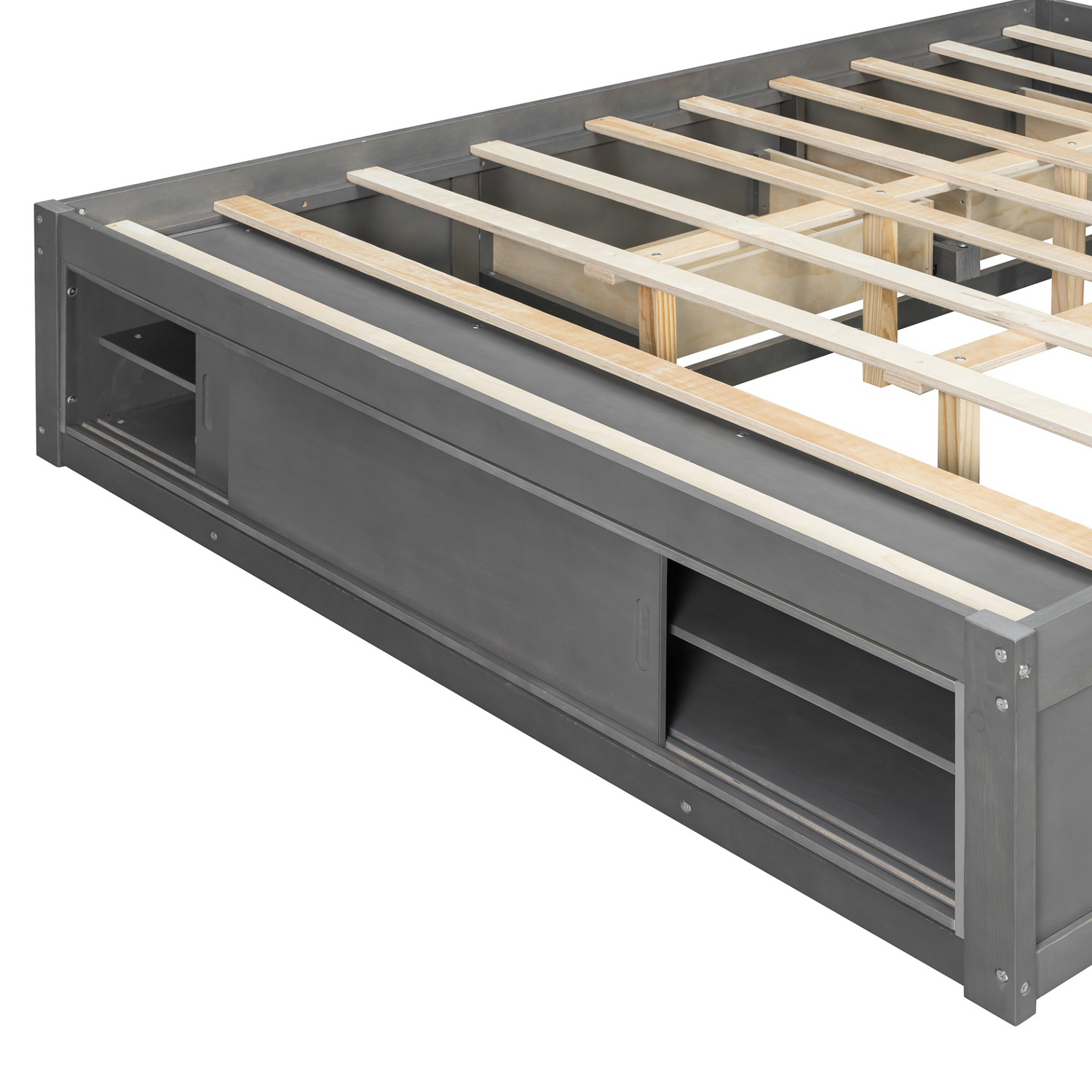 Start2Finish platform bed frame with solid wood and MDF, featuring four storage drawers, footboard cubby, and headboard.