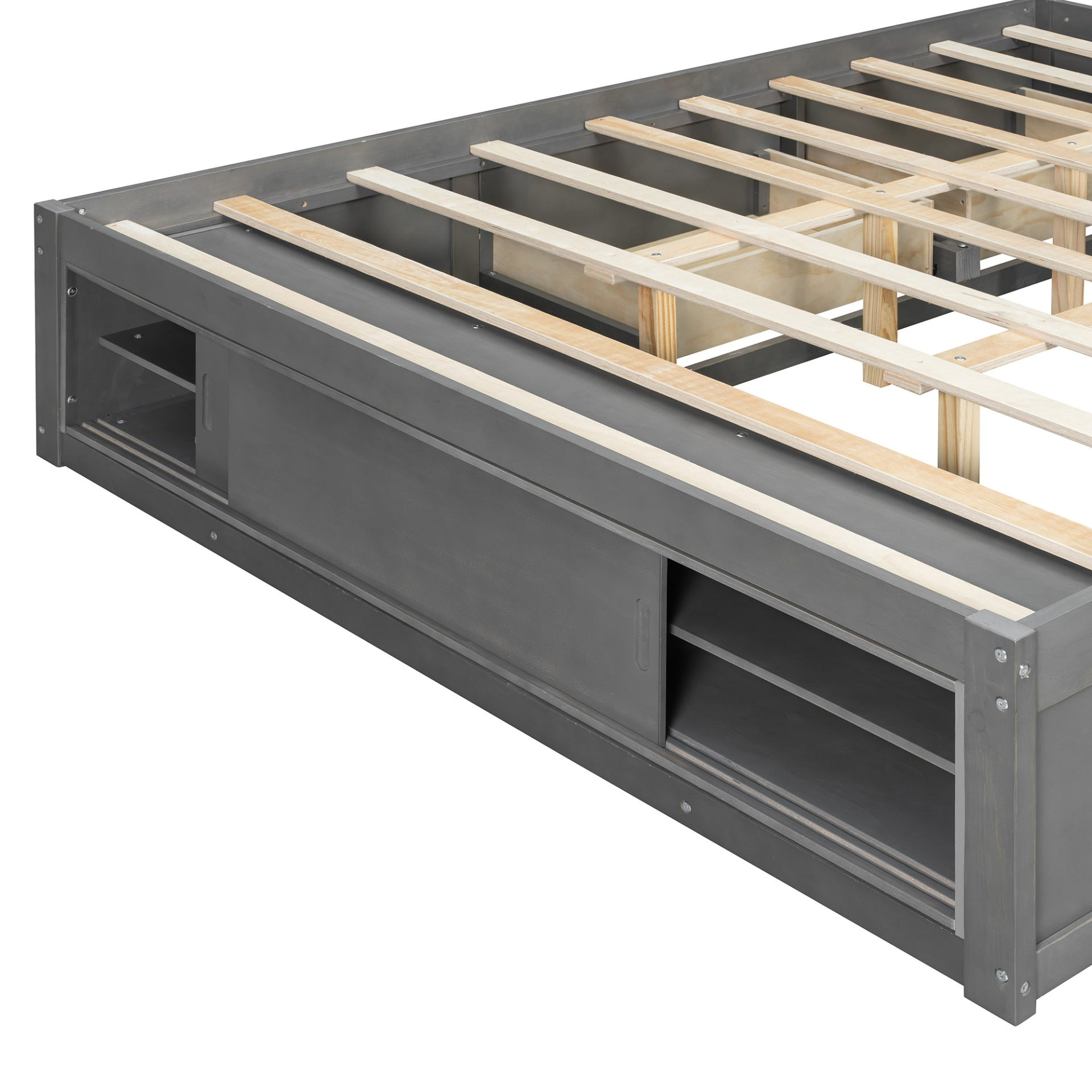 Start2Finish platform bed frame with solid wood and MDF, featuring four storage drawers, footboard cubby, and headboard.