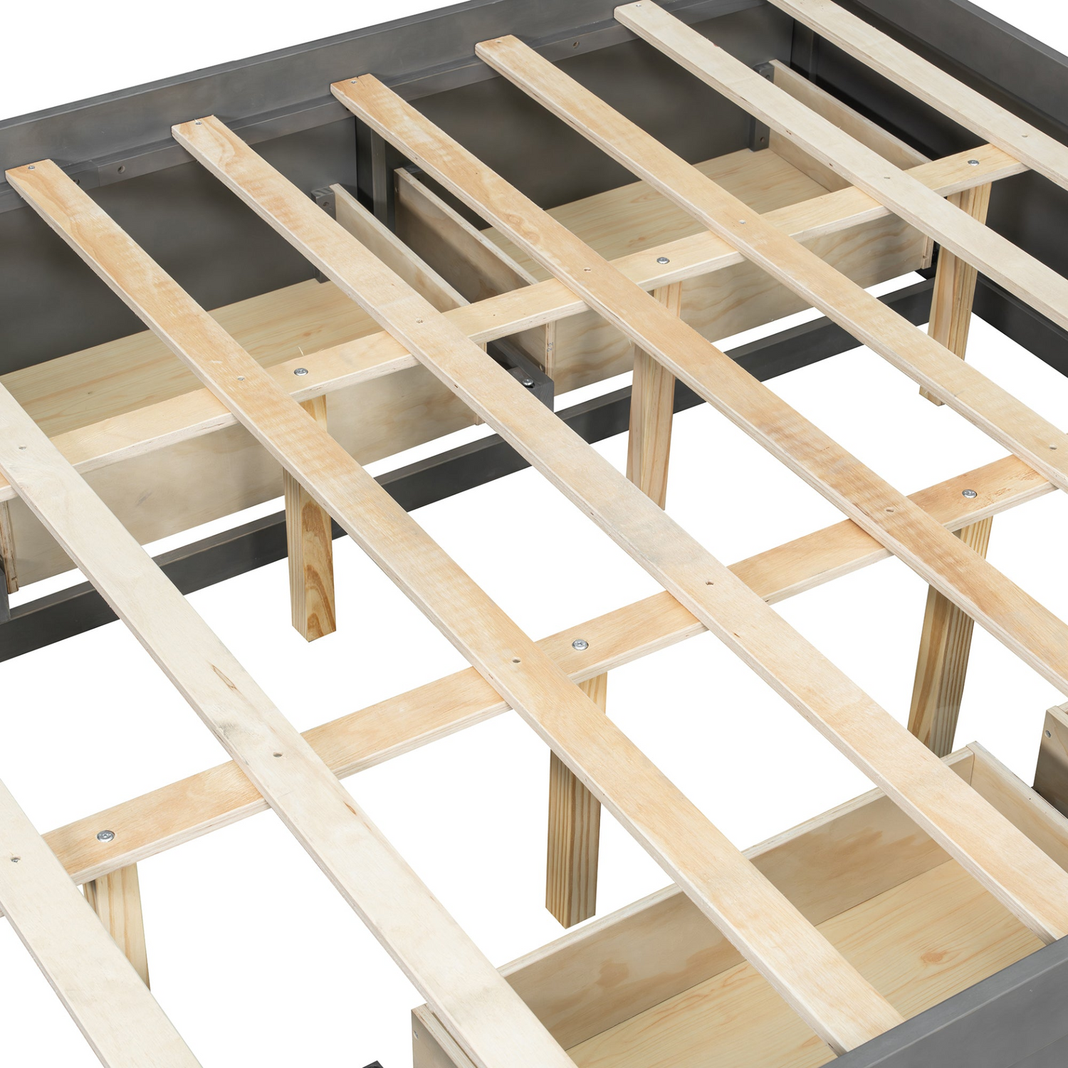 Start2Finish platform bed frame with solid wood and MDF, featuring four storage drawers, footboard cubby, and upholstered headboard.