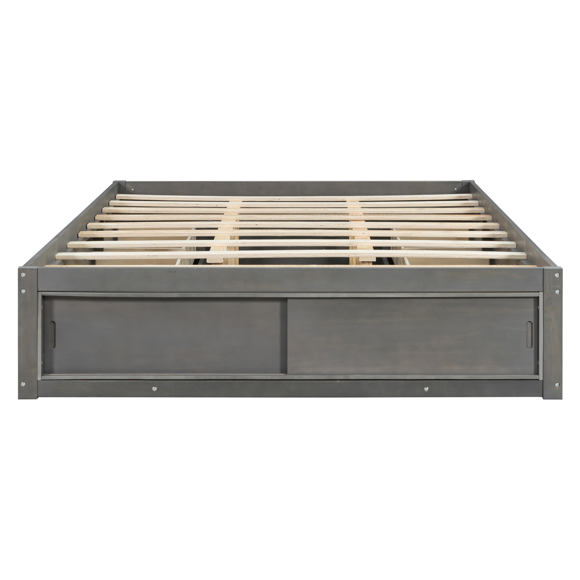 Start2Finish platform bed frame with solid wood and MDF, featuring four storage drawers, footboard cubby, and headboard for bedroom use